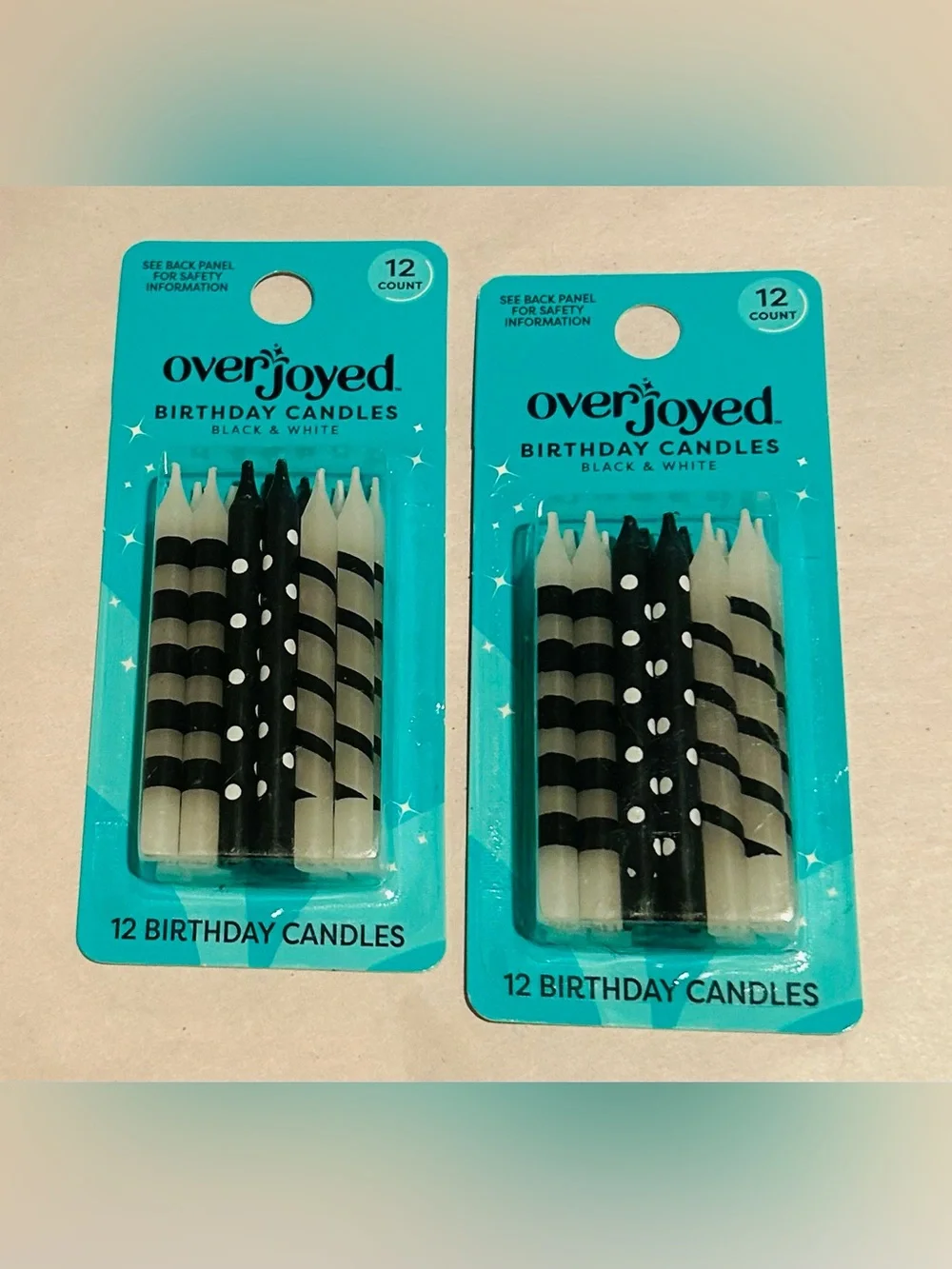 New 2 Packages Overjoyed Black and White 2 3/8” Candles 24 Candles Total